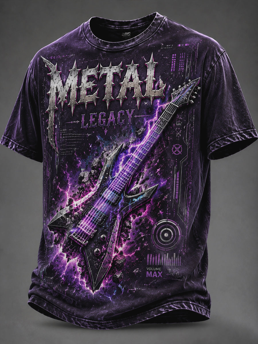 Vintage-Washed Heavy Metal Rock Casual T-Shirt