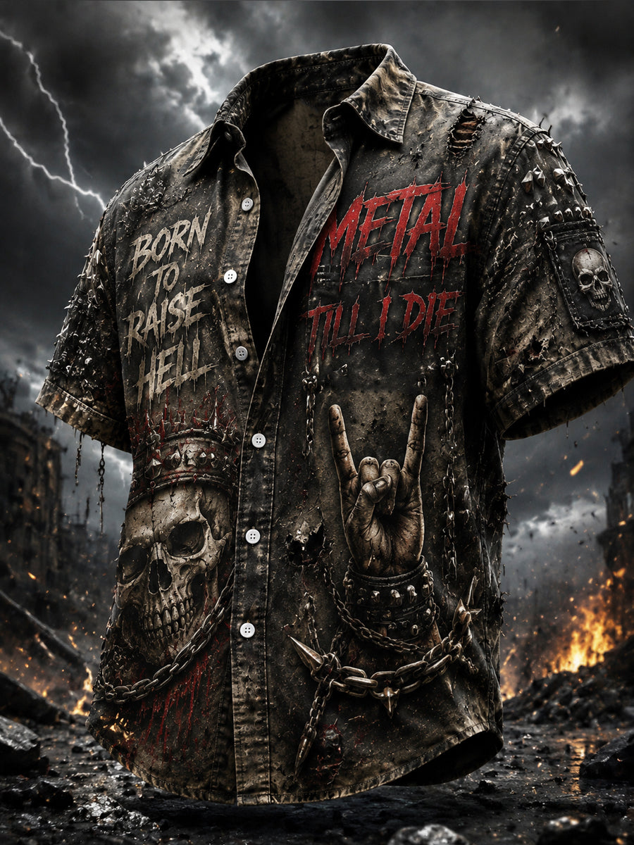 Vintage-Style Distressed Heavy Metal Rock Casual Shirt