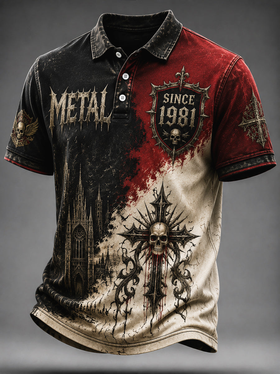 Vintage Washed Heavy Metal Rock Graffiti Casual Polo Shirt