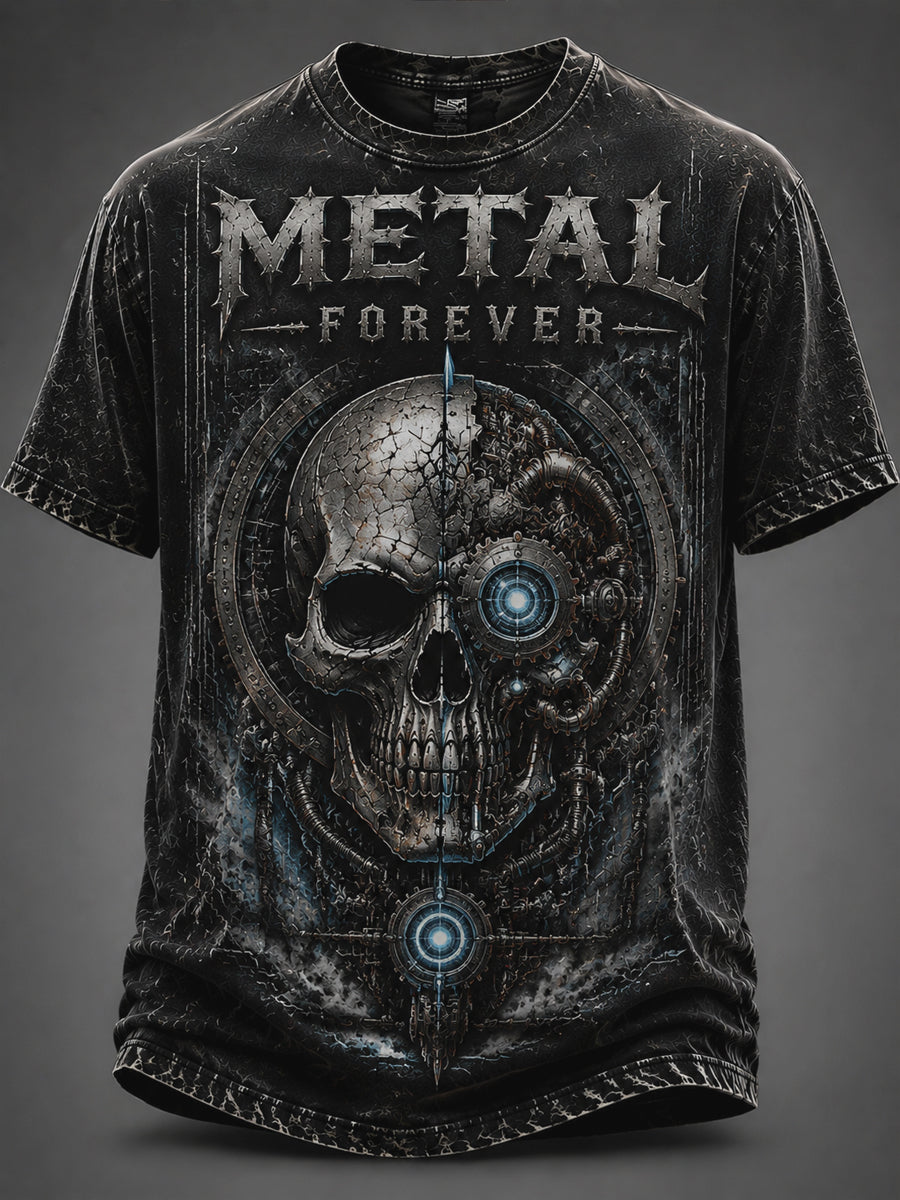 Vintage Washed Heavy Metal Rock Cyber Mechanical Skeleton T-Shirt