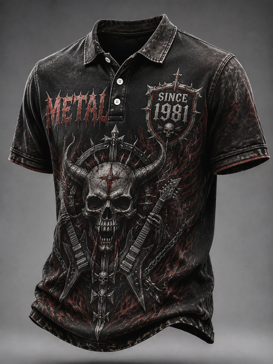Vintage Washed Heavy Metal Rock Skull Casual Polo Shirt