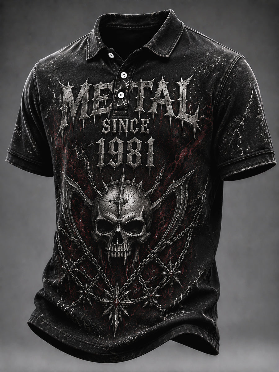 Vintage Washed Heavy Metal Rock Skull Classic Polo Shirt