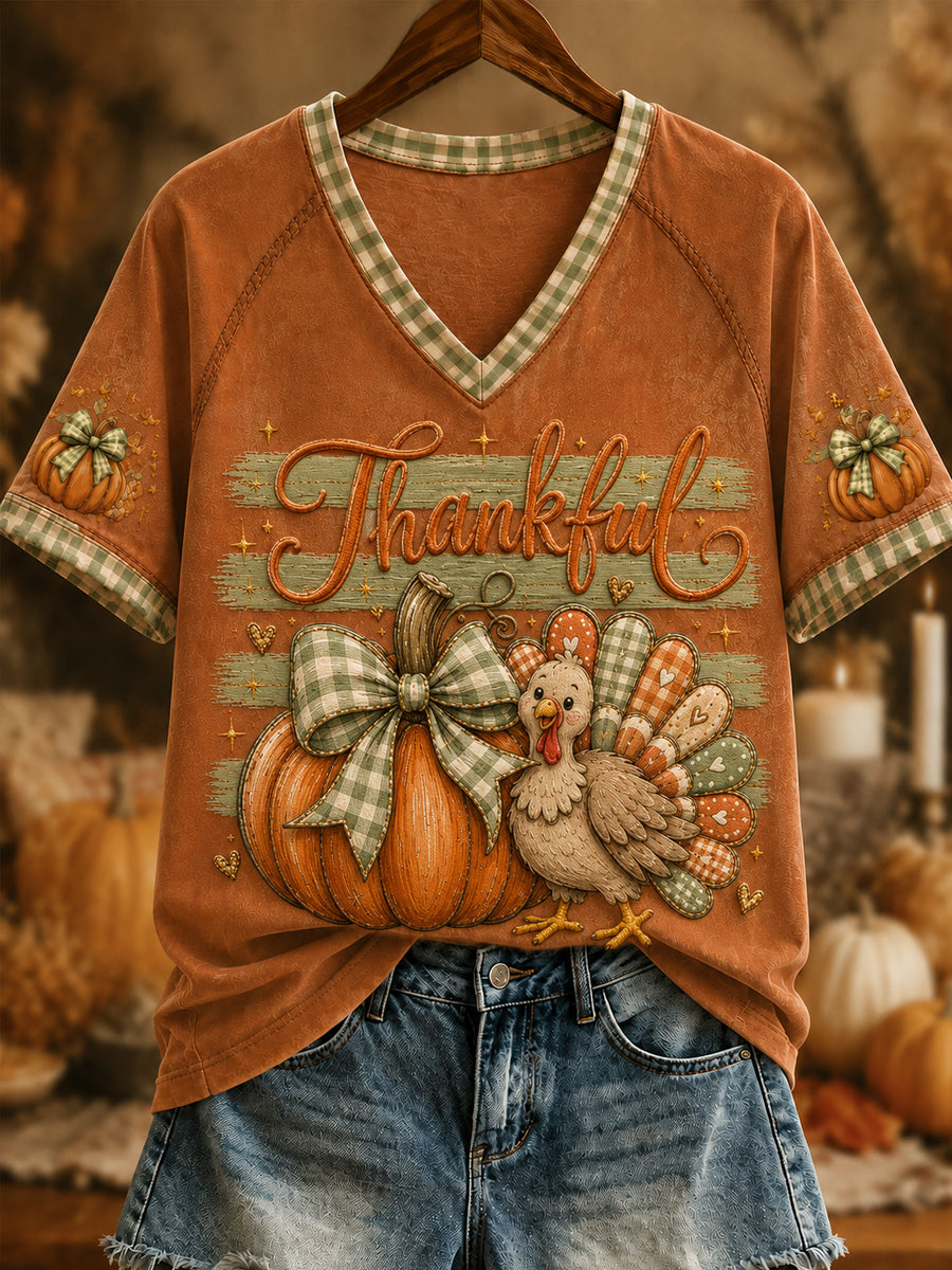 Women's Vintage Thanksgiving Pumpkin Turkey Maple Leaf V-neck Short Sleeve T-shirt