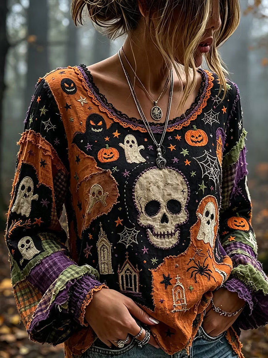 Women's Gothic Skull Rose Floral Cotton Linen Shirt