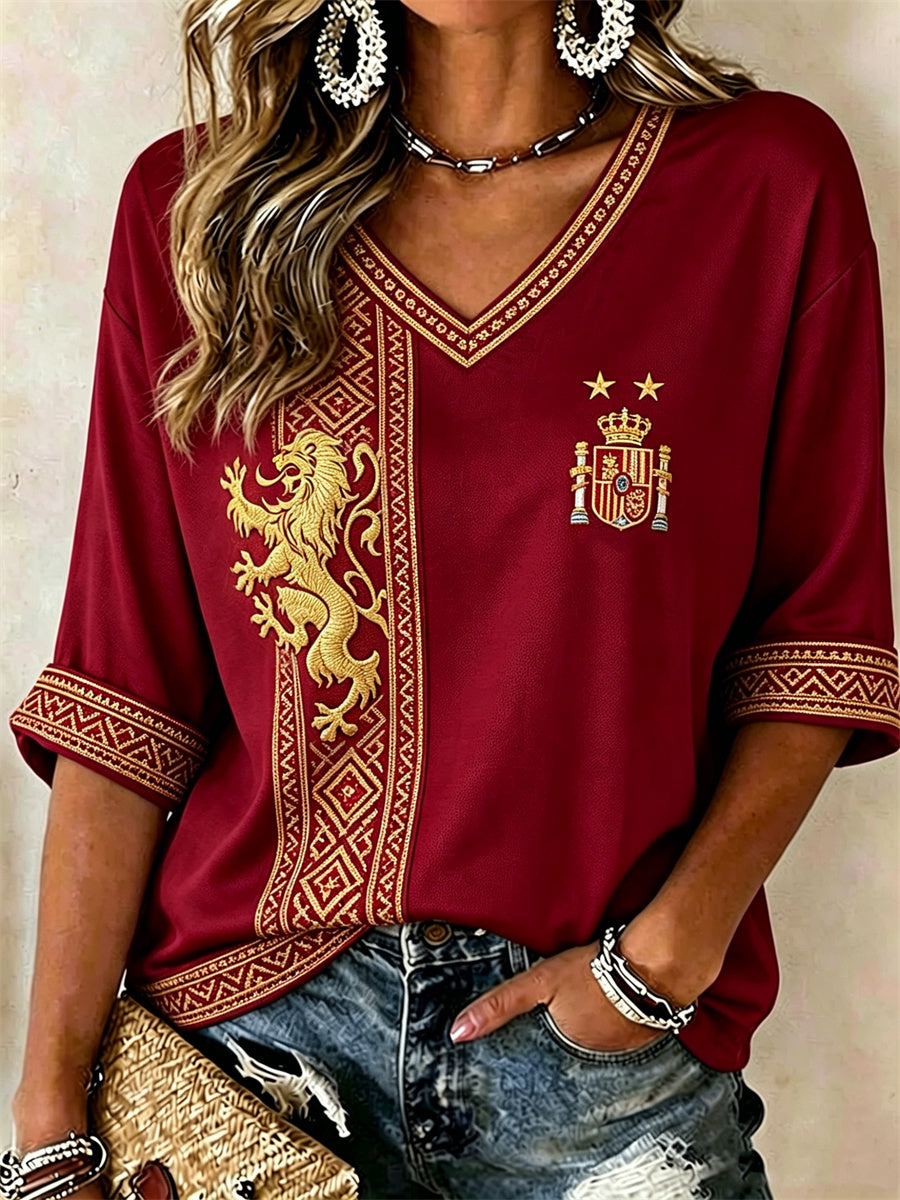 Women's Spain Champion Lion Ethnic Print Mid-length Sleeves V-Neck T-Shirt