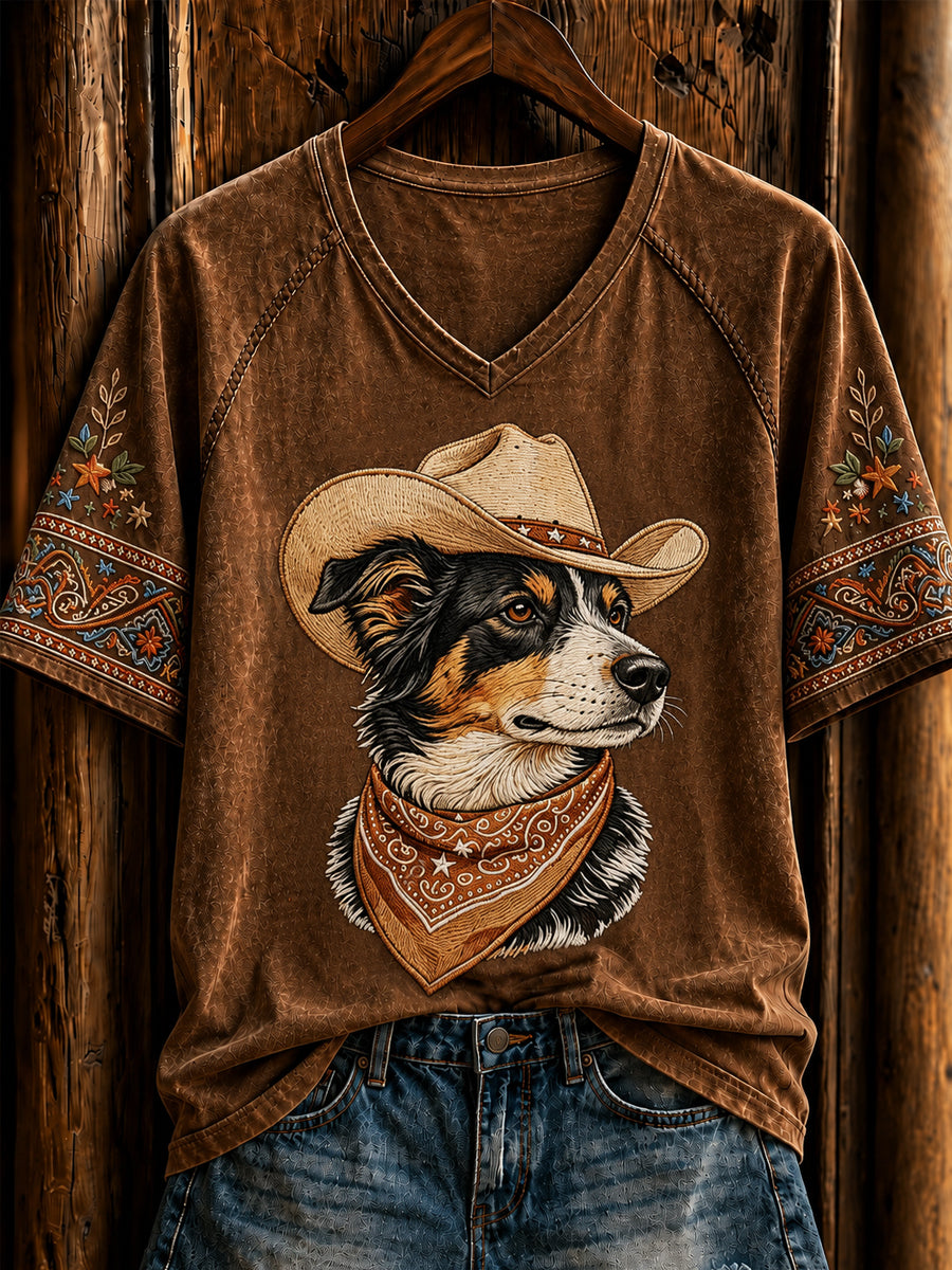 Women's Retro Western Cowboy Dog Short Sleeve T-shirt