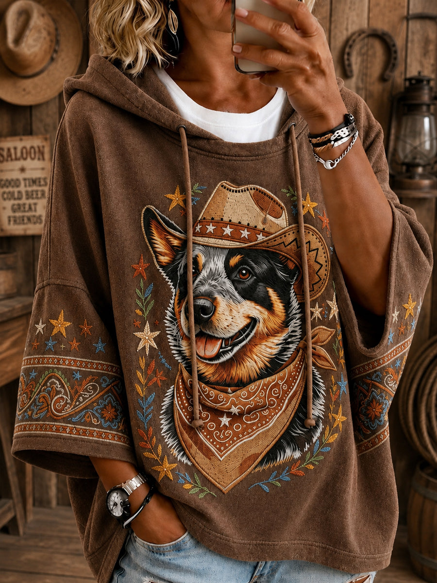 Women's Retro Western Cowboy Dog Casual Loose Hoodie
