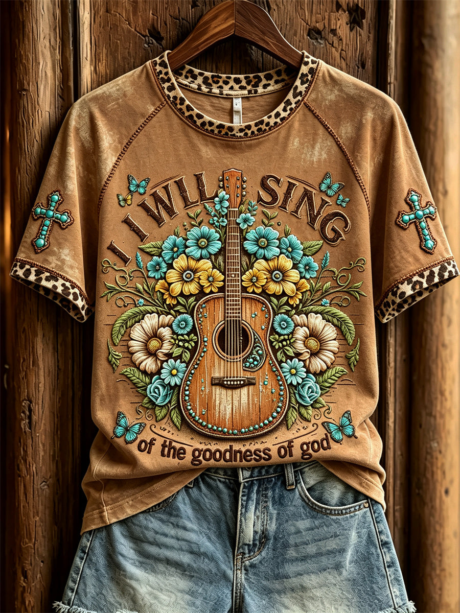 Women's I Will Sing of the Goodness of God Western Guitar Floral Print short sleeve T-shirt