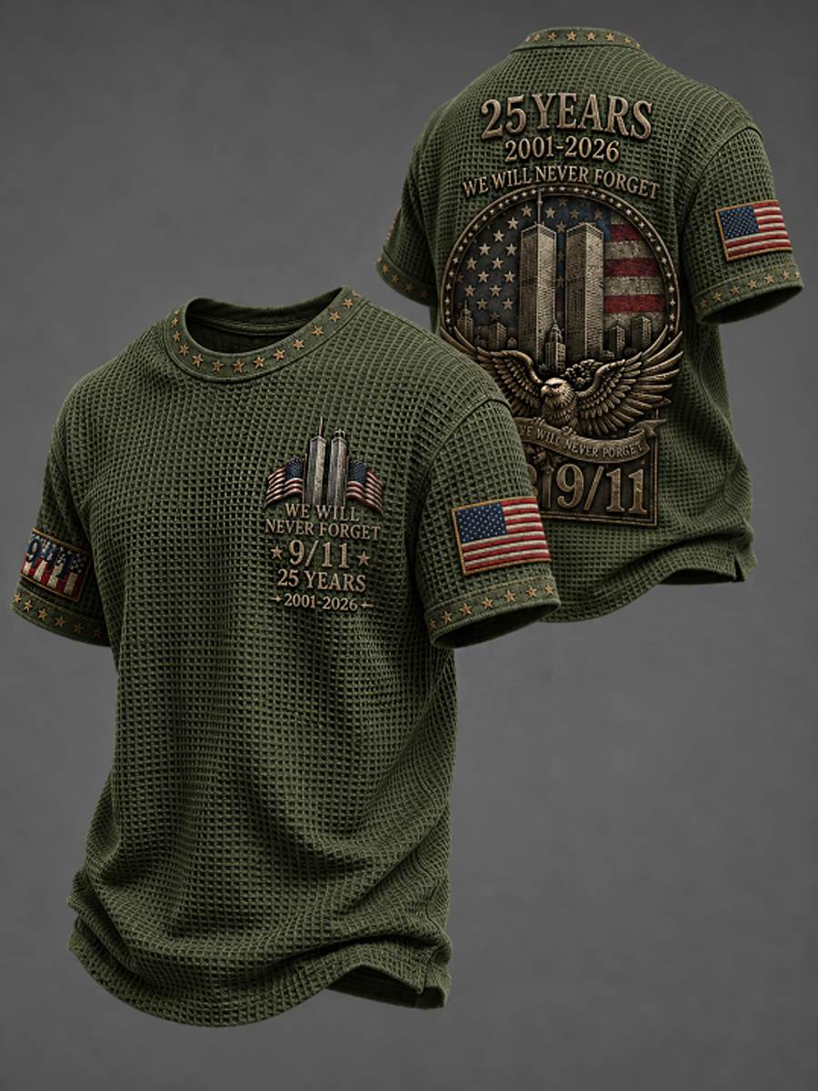 Men's WE WILL NEVER FORGET 9/11 25 YEARS 2001-2026 Waffle Tee