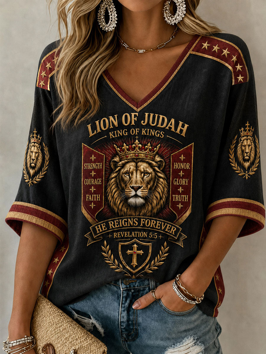 Women's Christian Lion of Judah Art Mid-length Sleeves V-Neck T-Shirt