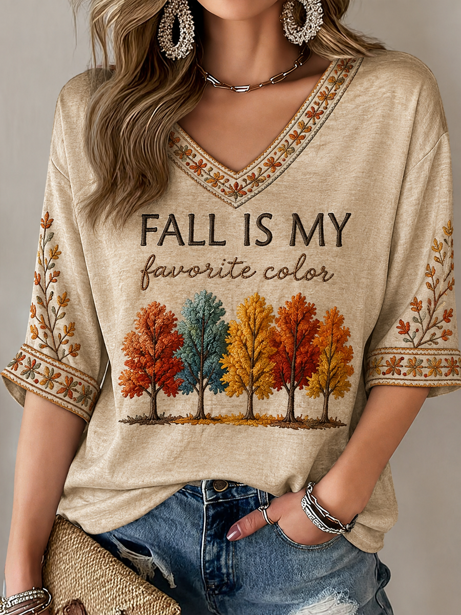 Women's Fall Is My Favorite Color Mid-length Sleeves V-Neck T-Shirt