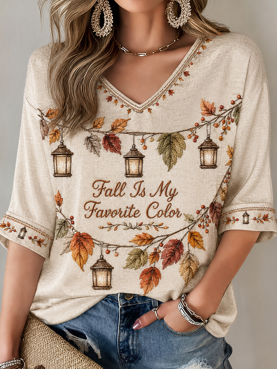Women's Fall Is My Favorite Color Mid-length Sleeves V-Neck T-Shirt