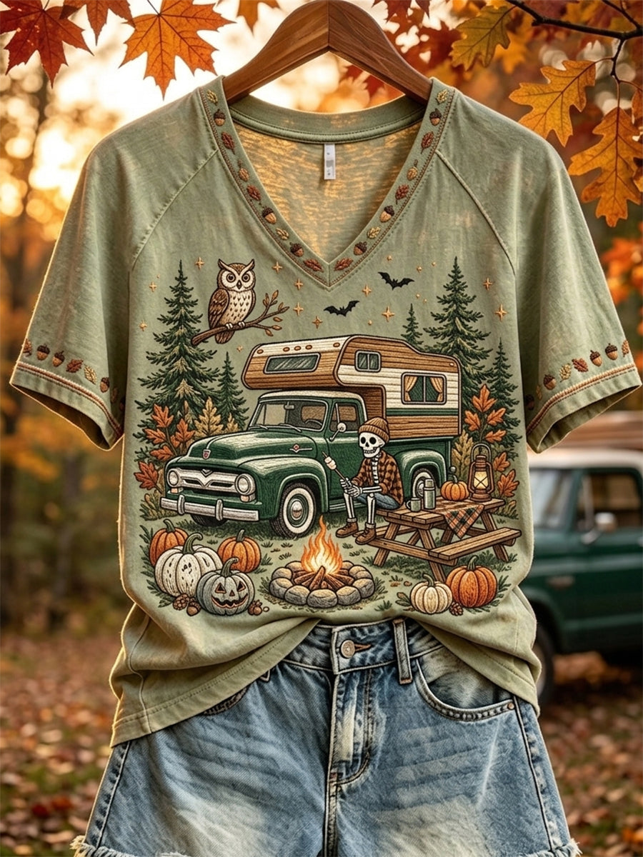 Women's Halloween Skeleton Camping Print V-neck Short-sleeved T-shirt
