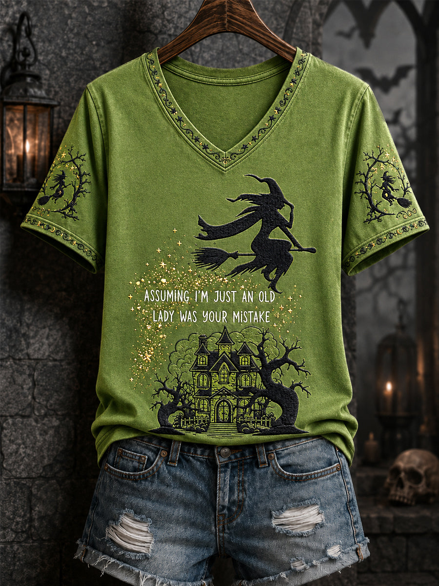 Women's Funny Halloween Witch Assuming I'm Just An Old Lady Was Your First Mistake Print Casual V-Neck Tee
