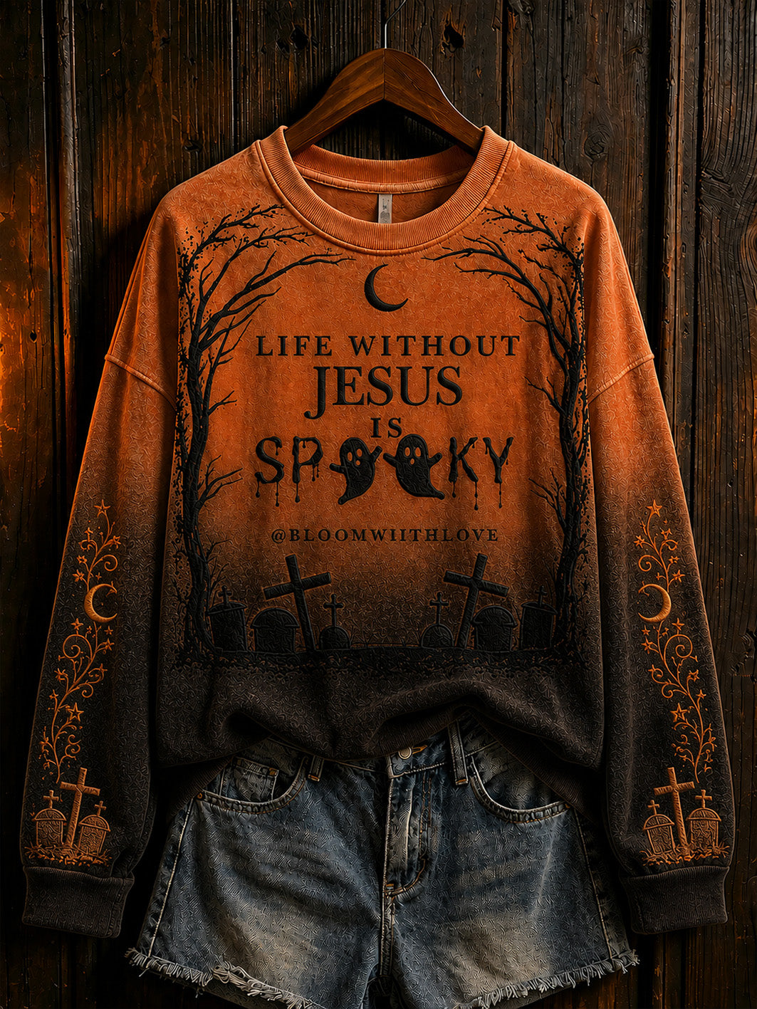 Women's retro faith theme Halloween element pattern printed casual sweatshirt