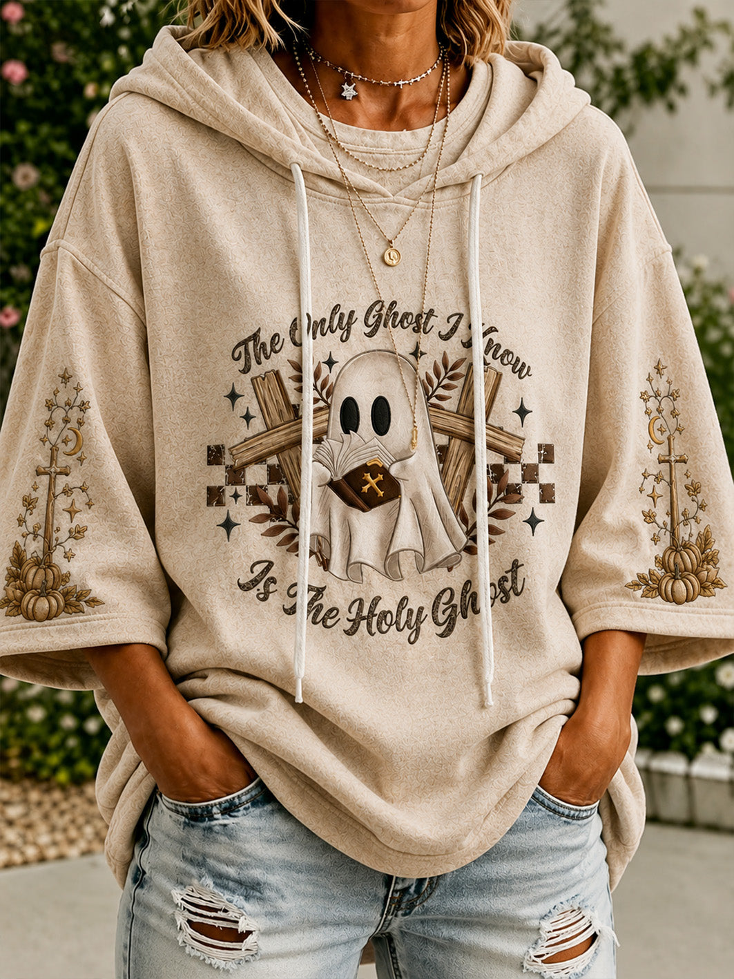 Women's retro faith theme Halloween element pattern printed casual hoodie