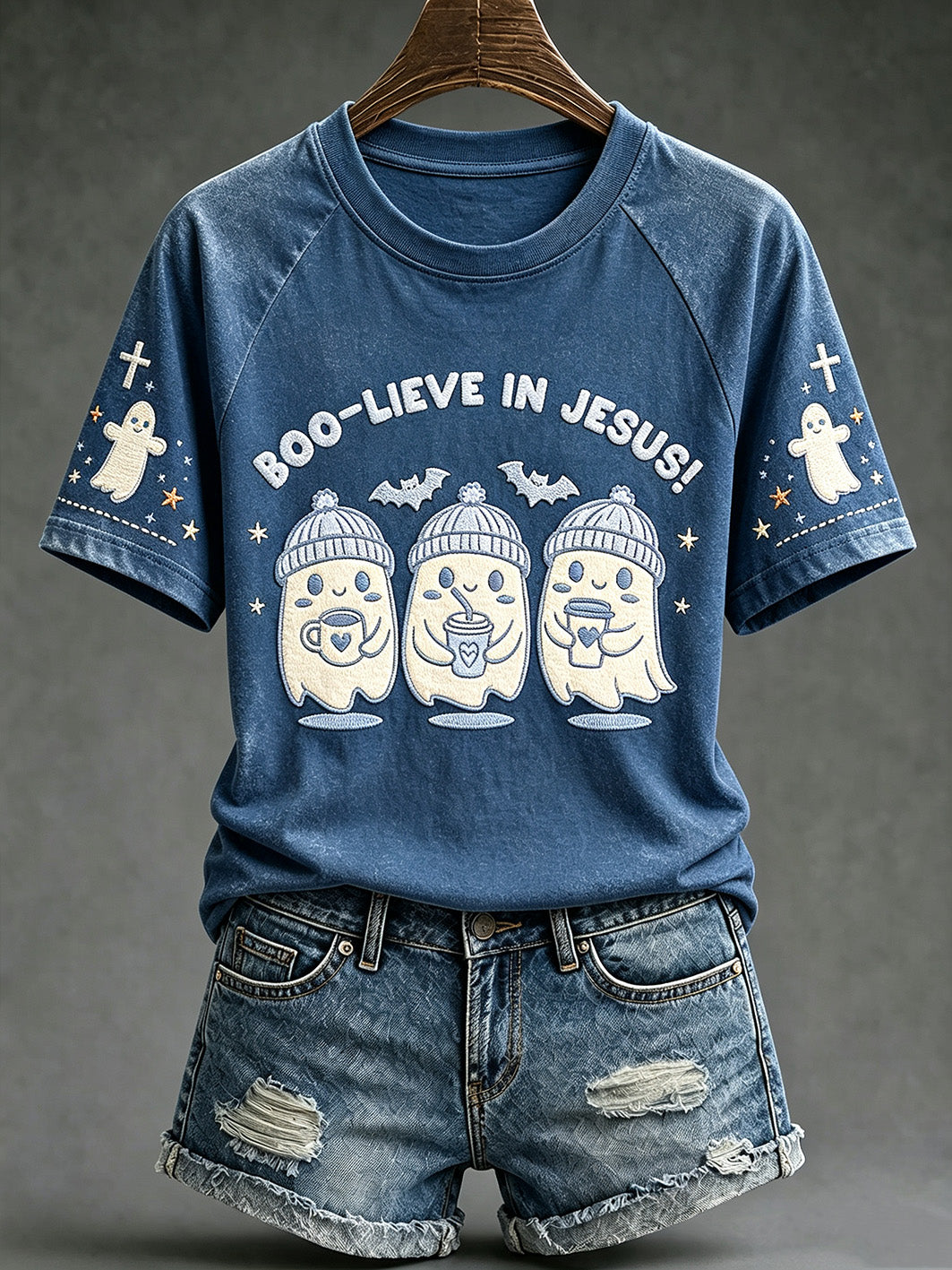 Women's retro faith theme Halloween element pattern printed casual short sleeve T-shirt