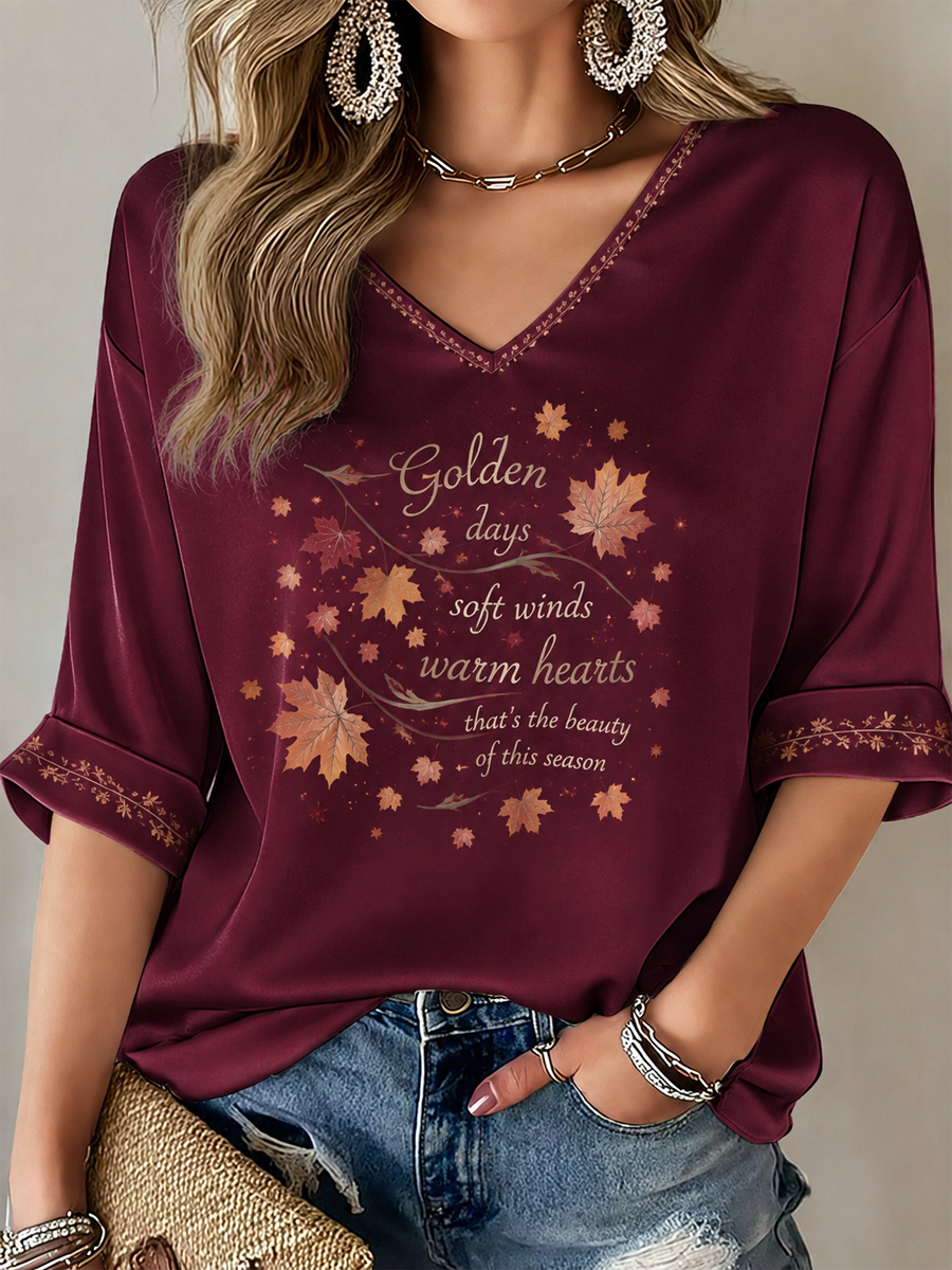 Women's Autumn Music Printed Mid-length Sleeves V-Neck T-Shirt