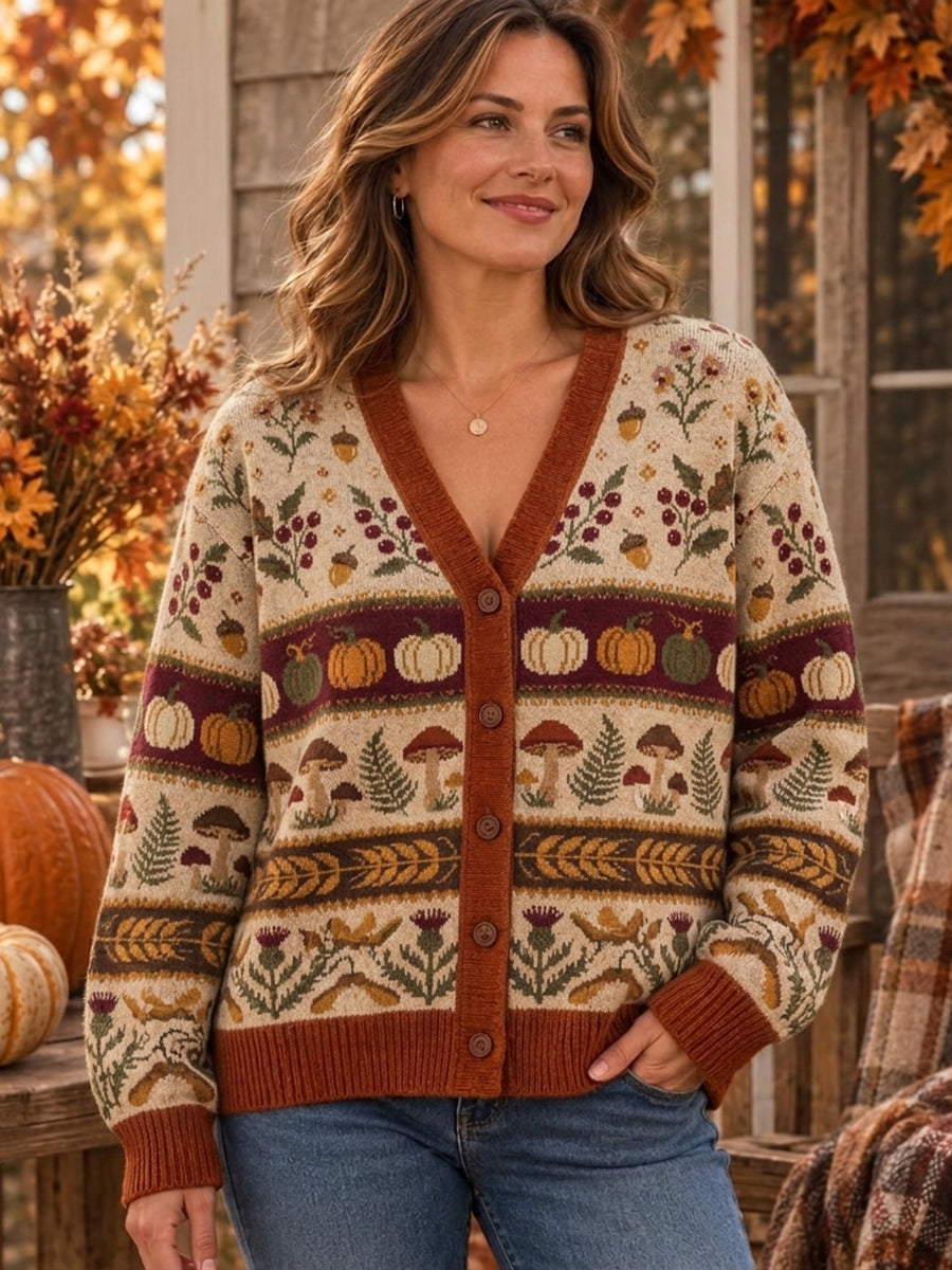 Women's Vintage Fall Patterns Print Cozy Cardigan