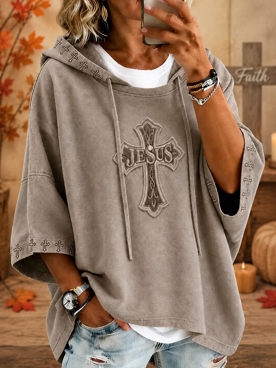 Women's Retro Christian Jesus Cross Drawstring Hoodie