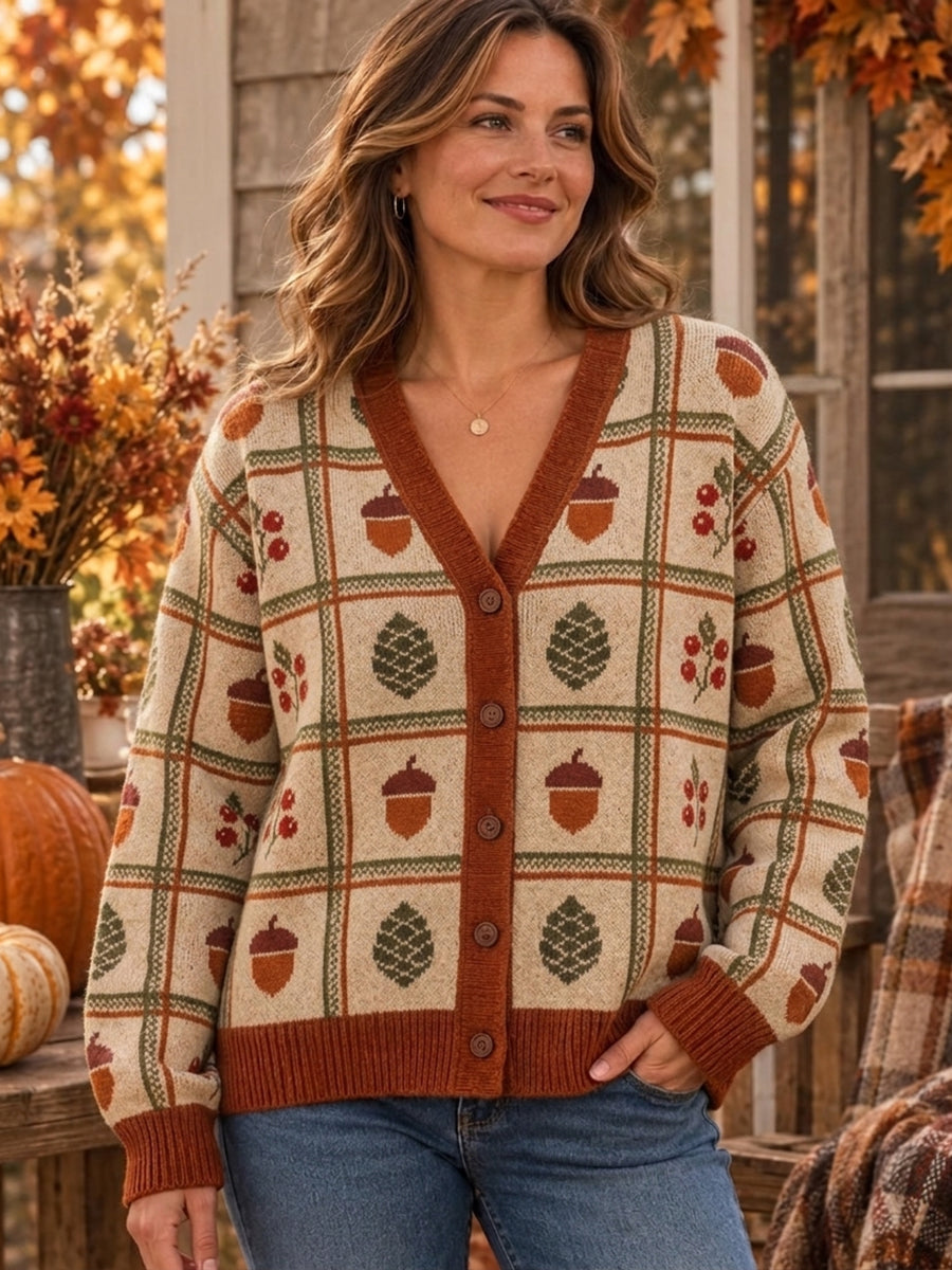 Women's Vintage Fall Patterns Print Cozy Cardigan