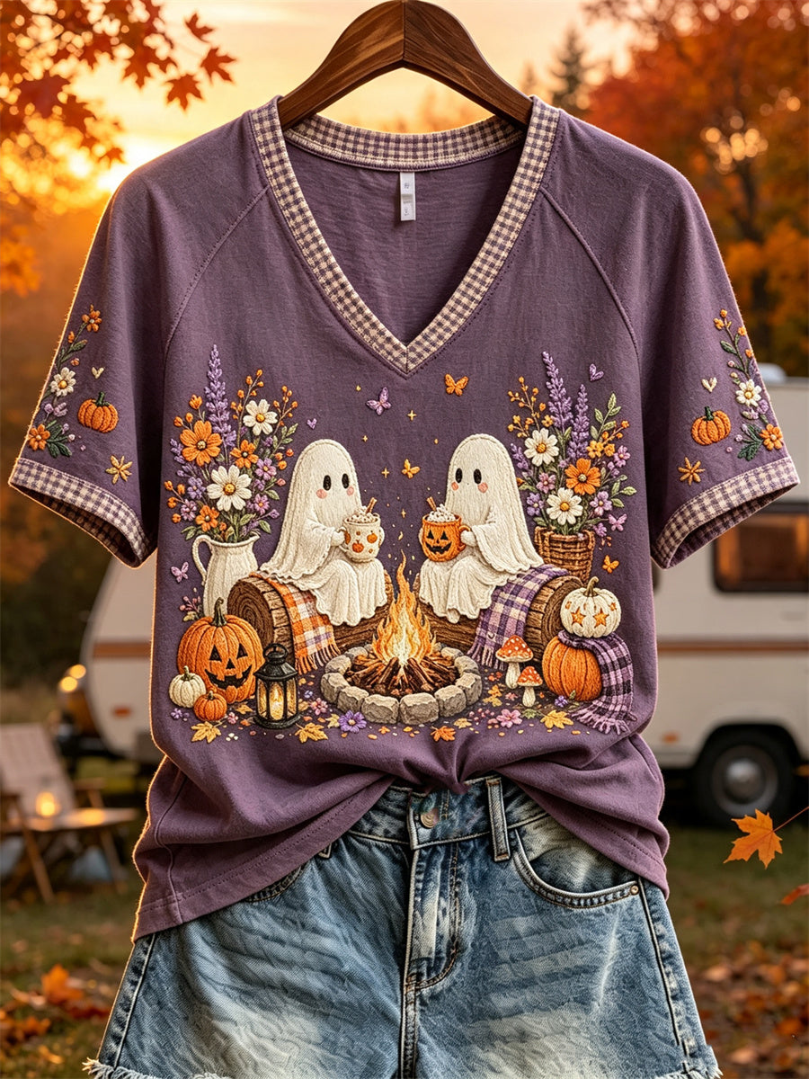 Women's Halloween Ghosts Fall Camping Floral Print short-sleeved T-shirt