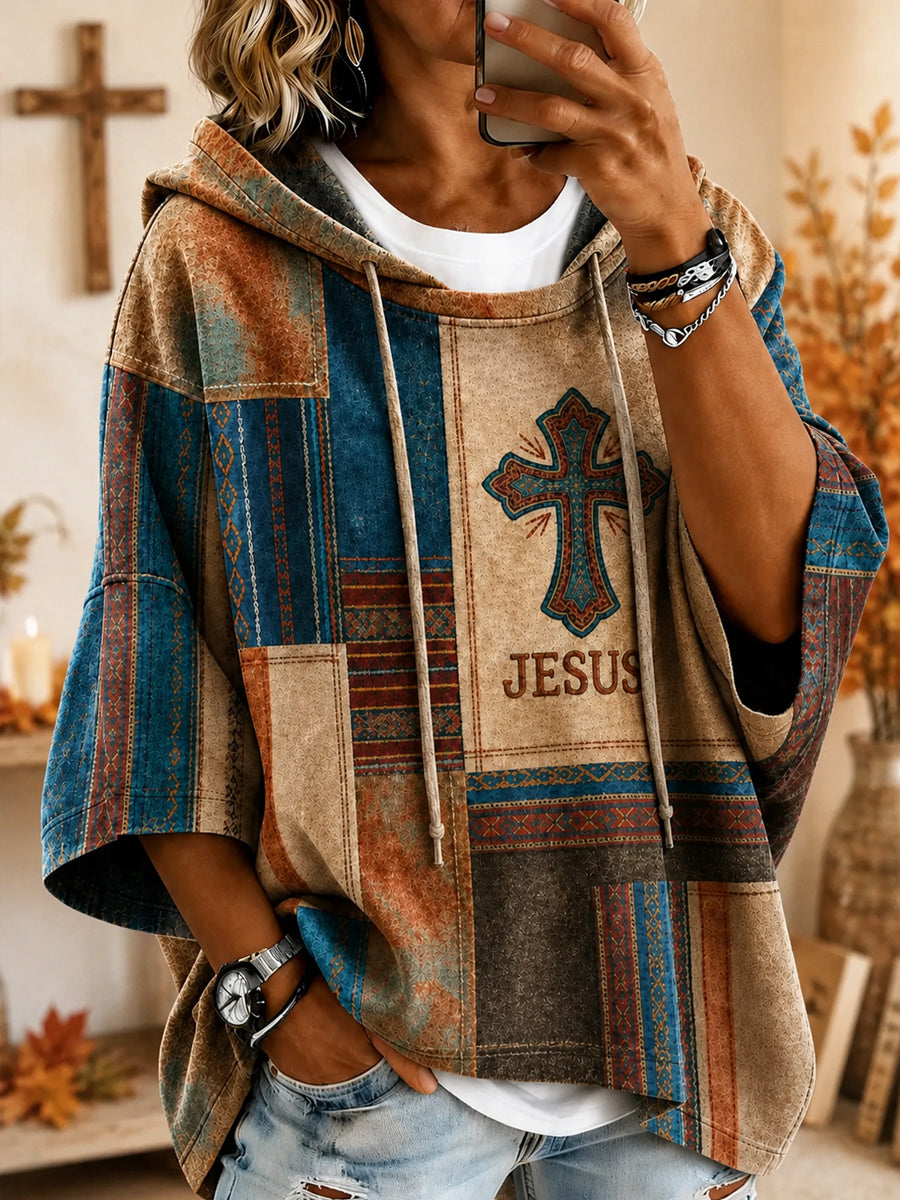 Women's Retro Striped Christian Jesus Cross Drawstring Hoodie