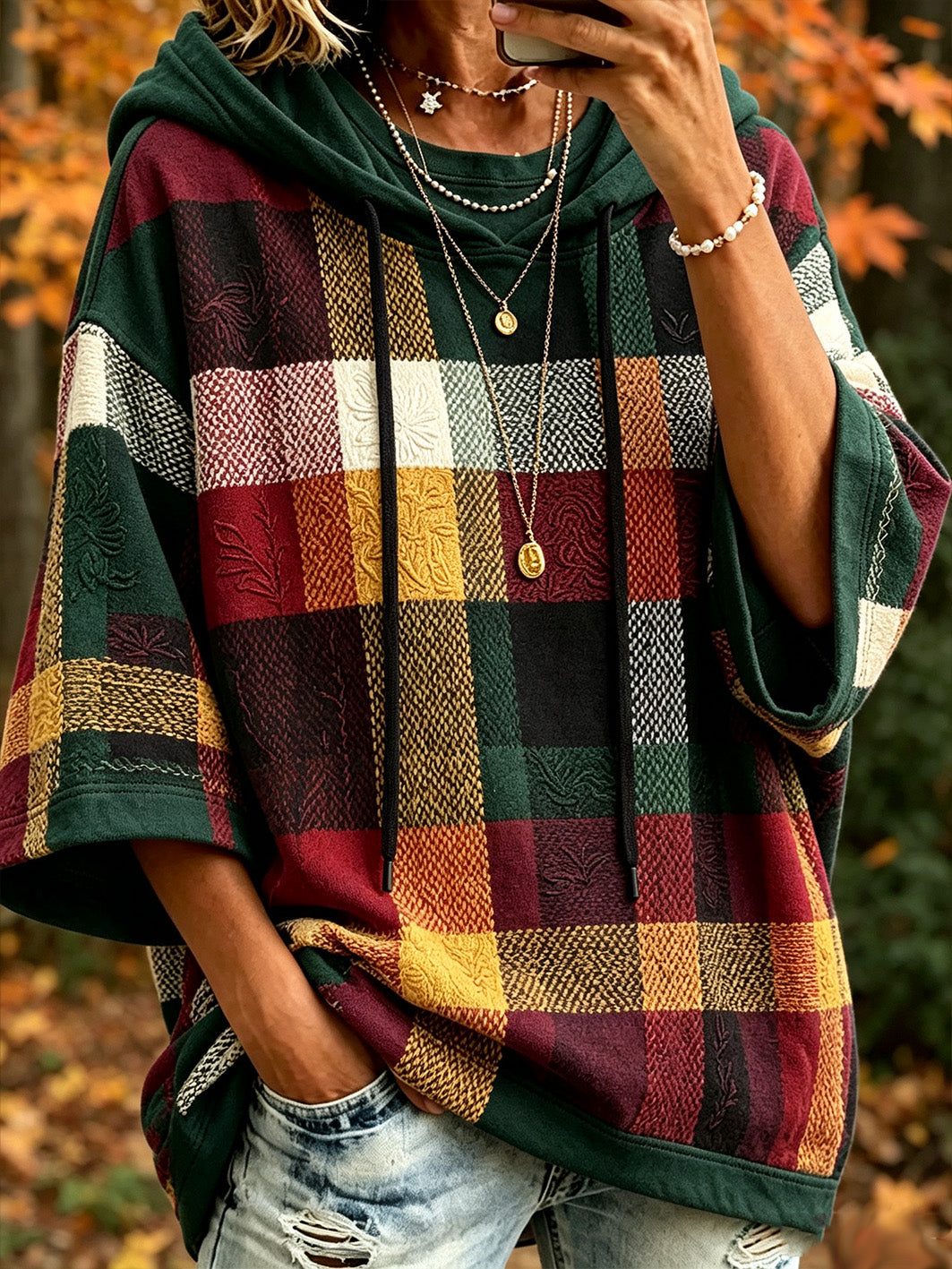 Women's autumn plaid color-blocked design casual hoodie