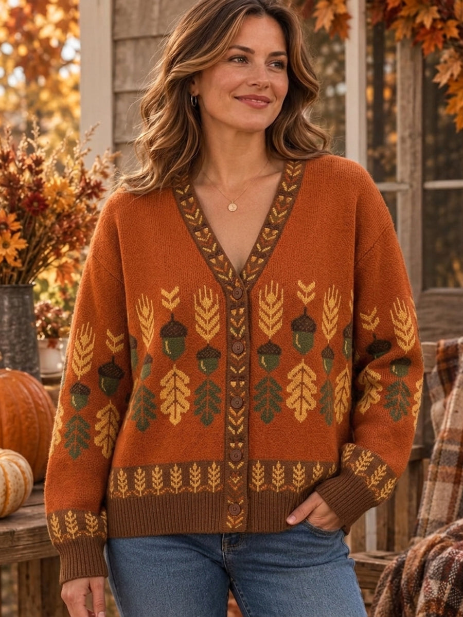 Women's Vintage Fall Patterns Print Cozy Cardigan