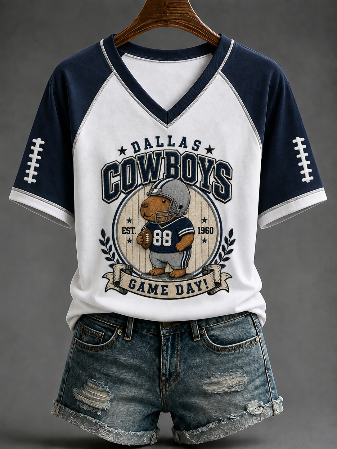 Women's Football V-neck Off-shoulder Short-sleeved T-shirt
