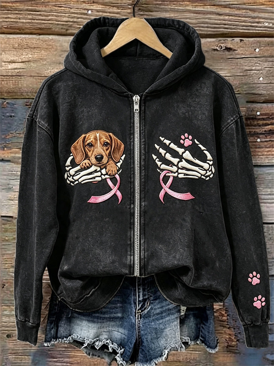 Women's Dachshund Breast Cancer Pink Ribbon Halloween Skeleton Print Full Zip Hoodie