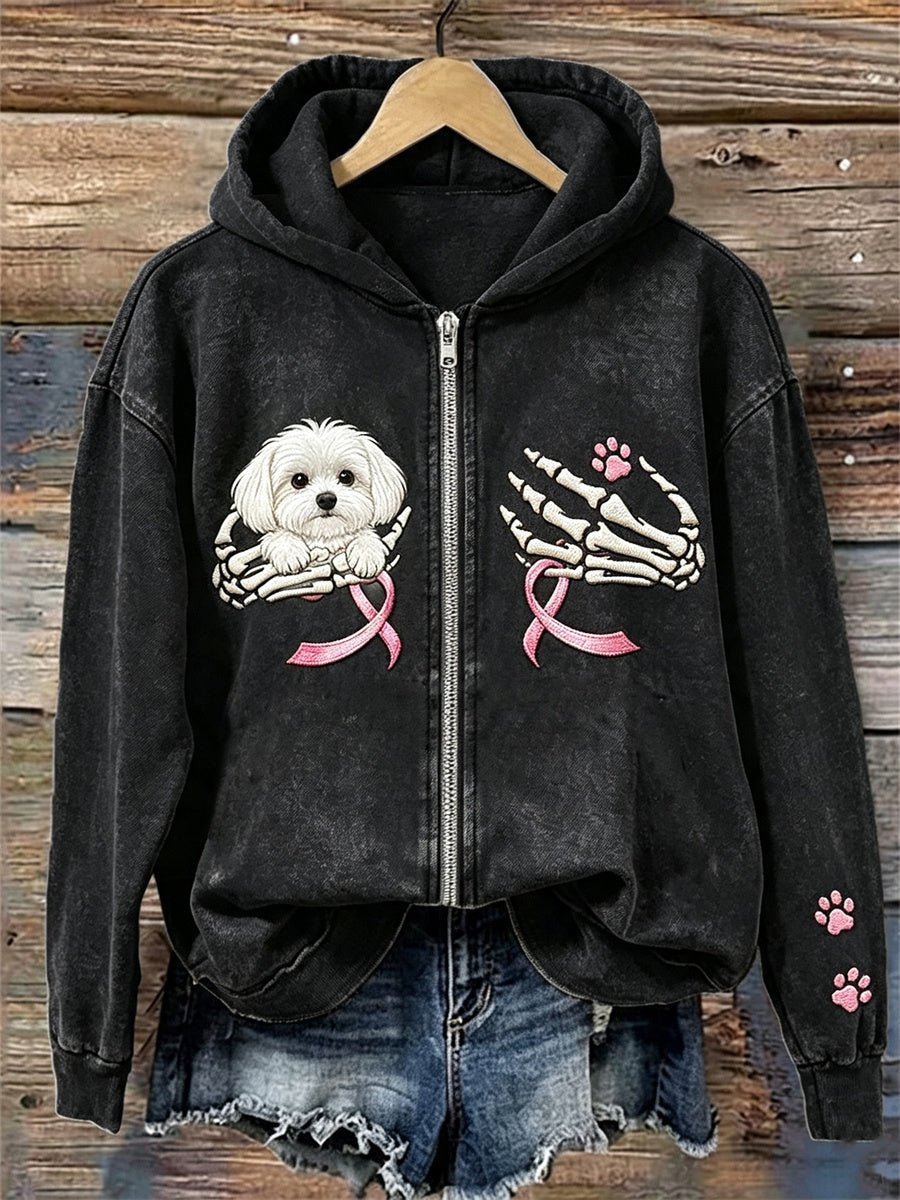 Women's Maltese Dog Breast Cancer Pink Ribbon Halloween Skeleton Print Full Zip Hoodie