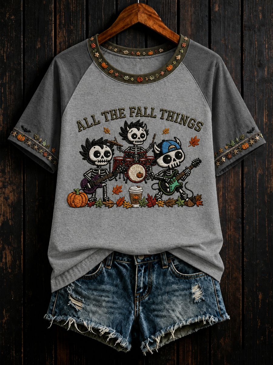 Women's All the FALL THINGS Printed round neck short sleeve T-shirt