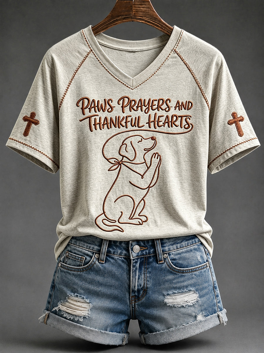 Women's Paws Prayers And Thankful Hearts Faith Dog Print V-neck Short-sleeved T-shirt