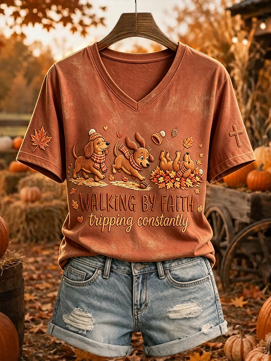 Women's Walking by Faith Dachshund Fall Leaves Print Short-sleeved T-shirt