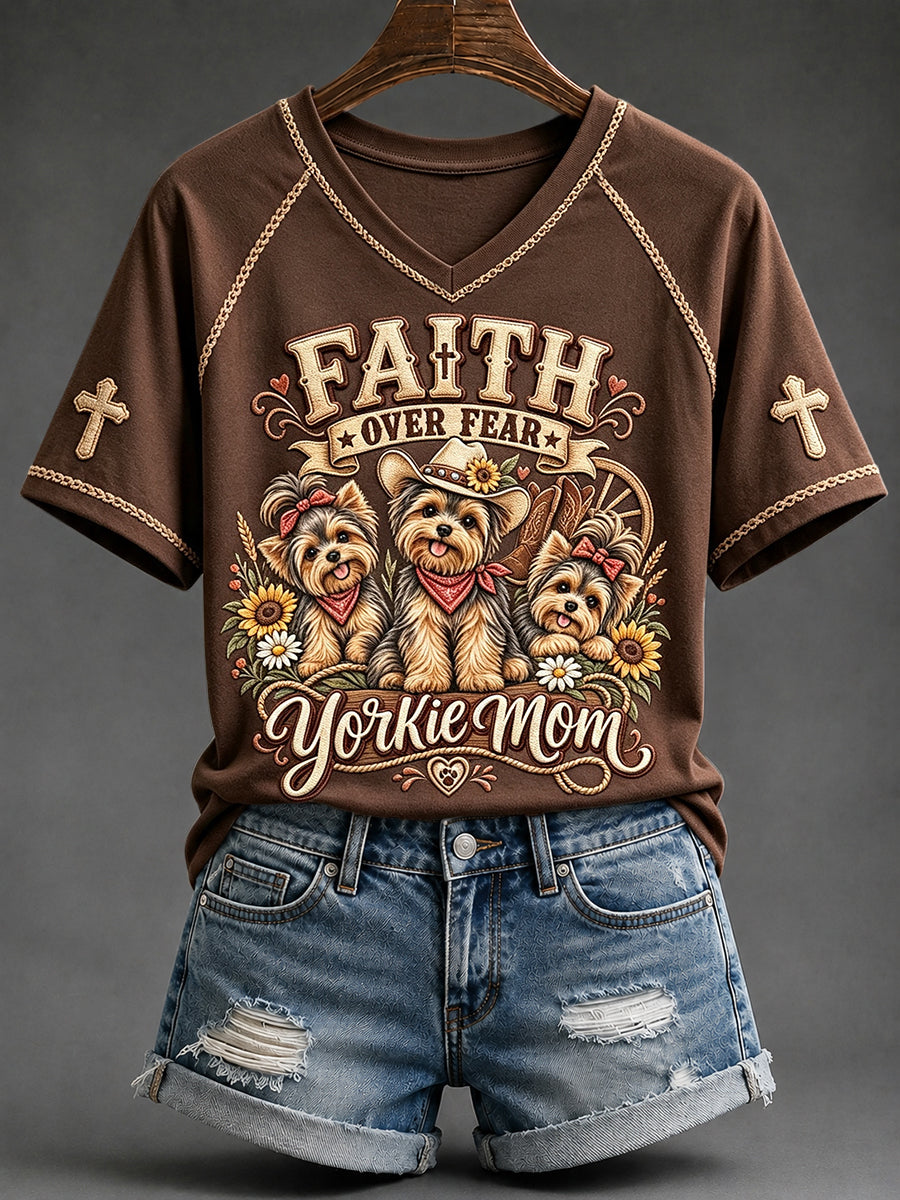 Women's Faith Over Fear Yorkie Mom Print V-neck Short-sleeved T-shirt