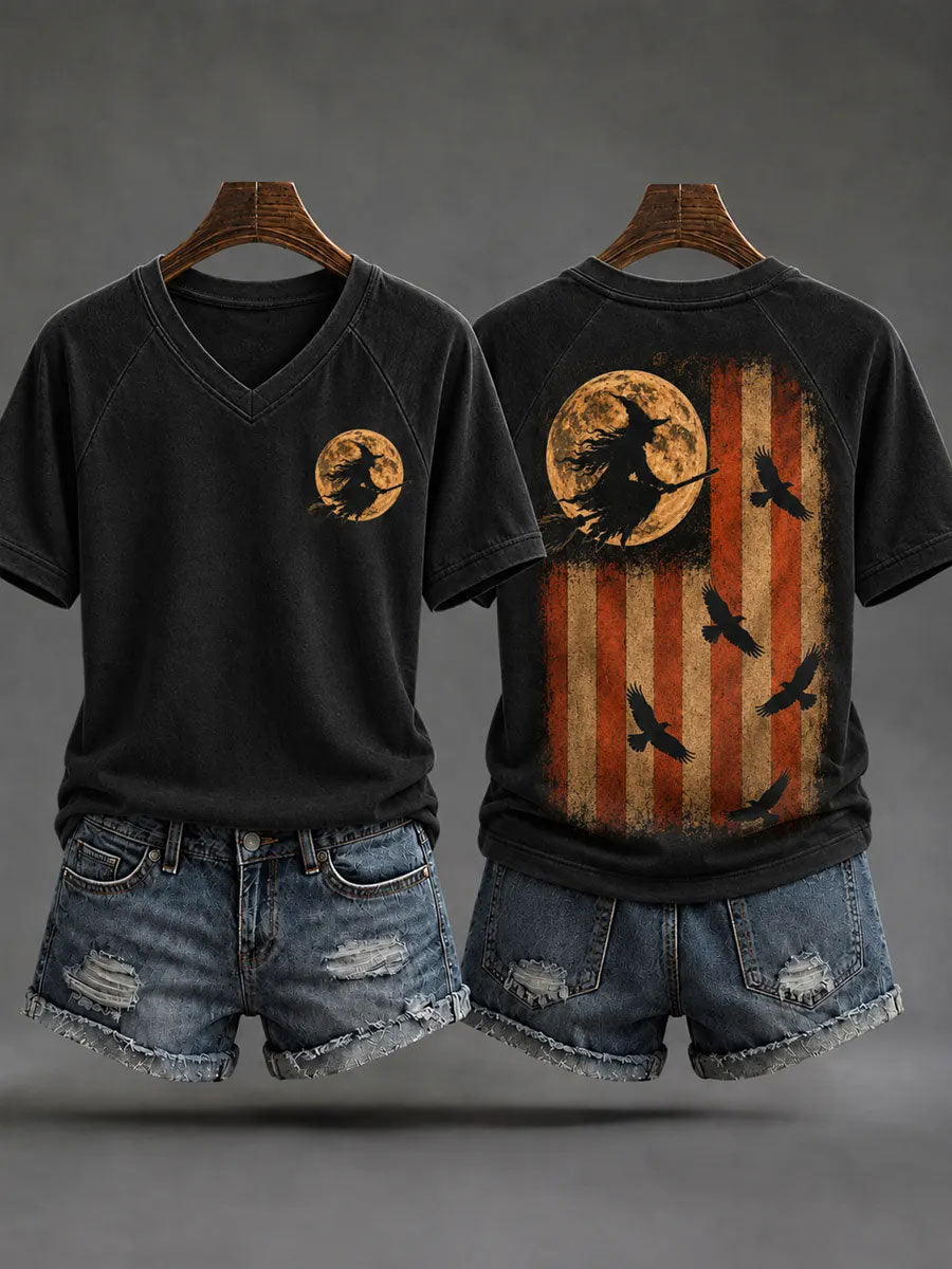 Women's Halloween Witch Flag V-neck T-shirt
