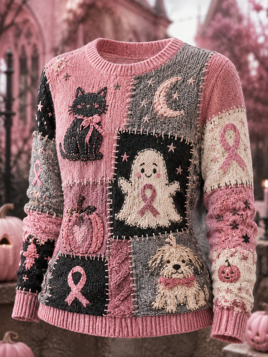 Women's Halloween Pink Ghost And Cat Pink Ribbon Print Breast Cancer Awareness Support Sweater
