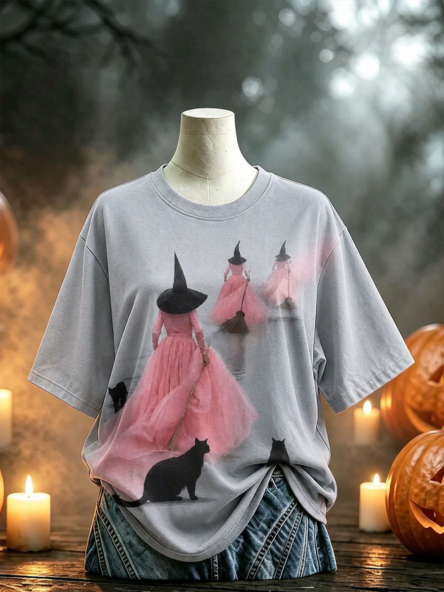 Women's Halloween Witch Black Cat Short-sleeved T-shirt