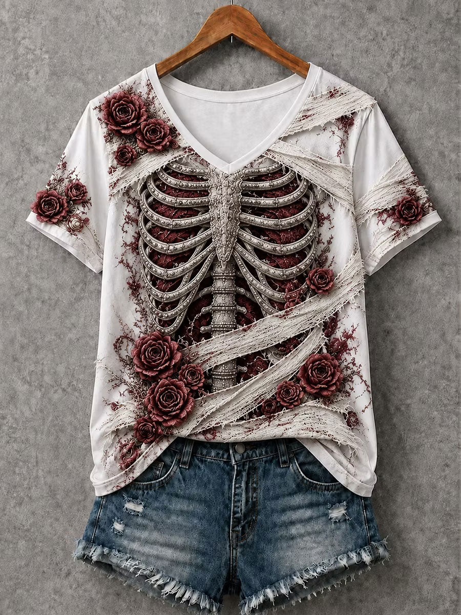 Women's Halloween Skeleton Print Short-sleeved T-shirt