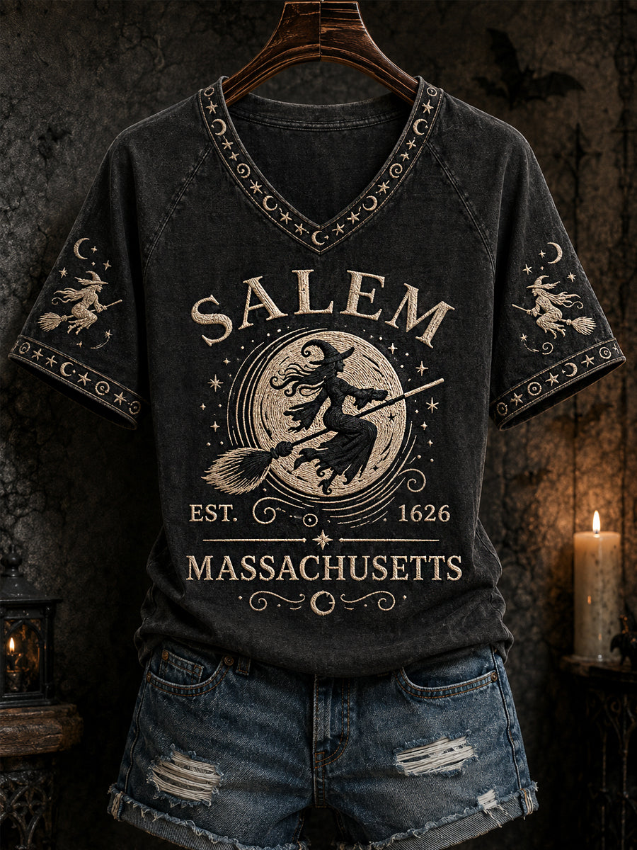 Women's Funny Halloween Witch Salem Massachusetts Est.1626 Print Casual V-Neck Tee