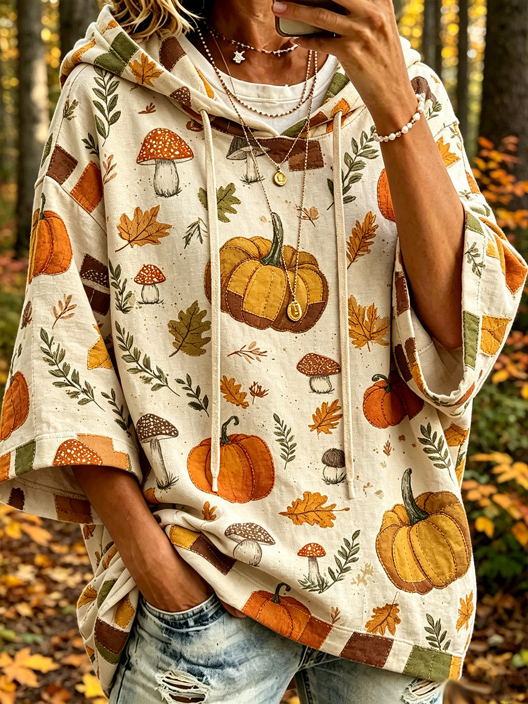 Women's autumn pumpkin pattern printed casual hoodie