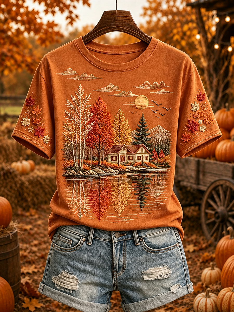 Women's Fall Landscape Reflection Print Cozy Short-sleeved T-shirt