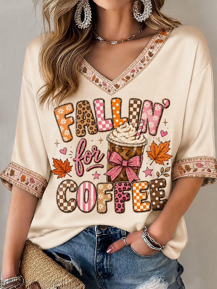 Women's Autumn Coffee Print Mid-length Sleeves V-Neck T-Shirt