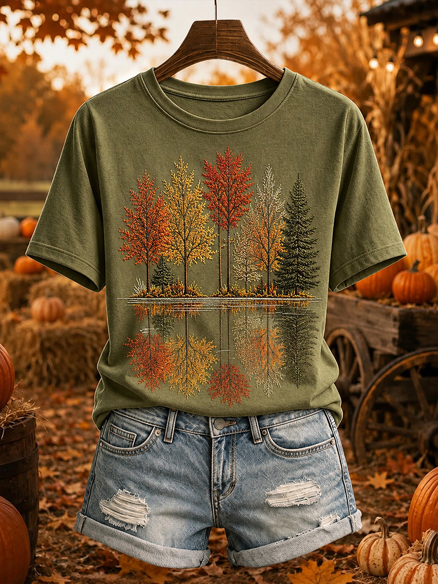 Women's Fall Trees Reflection Print Cozy Short-sleeved T-shirt