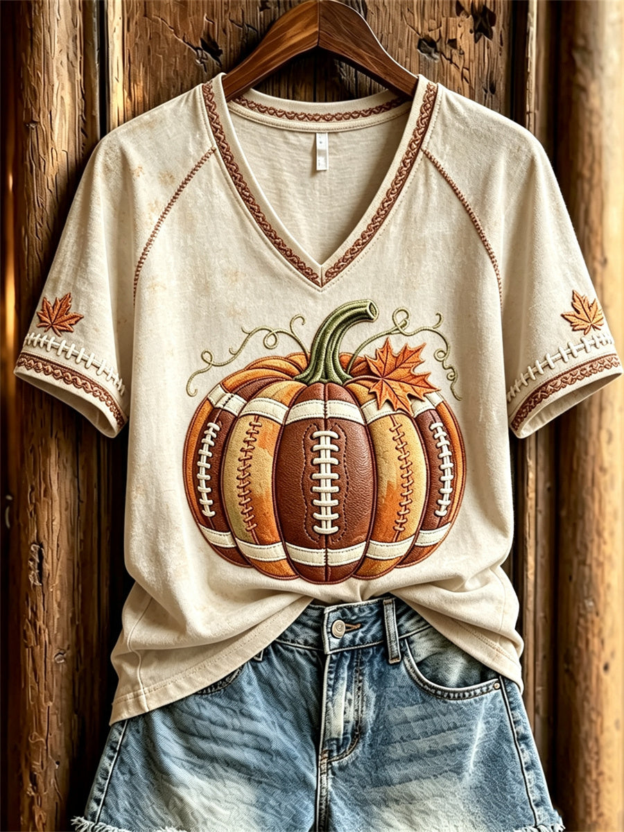 Women's Football Inspired Fall Pumpkin Print short-sleeved T-shirt