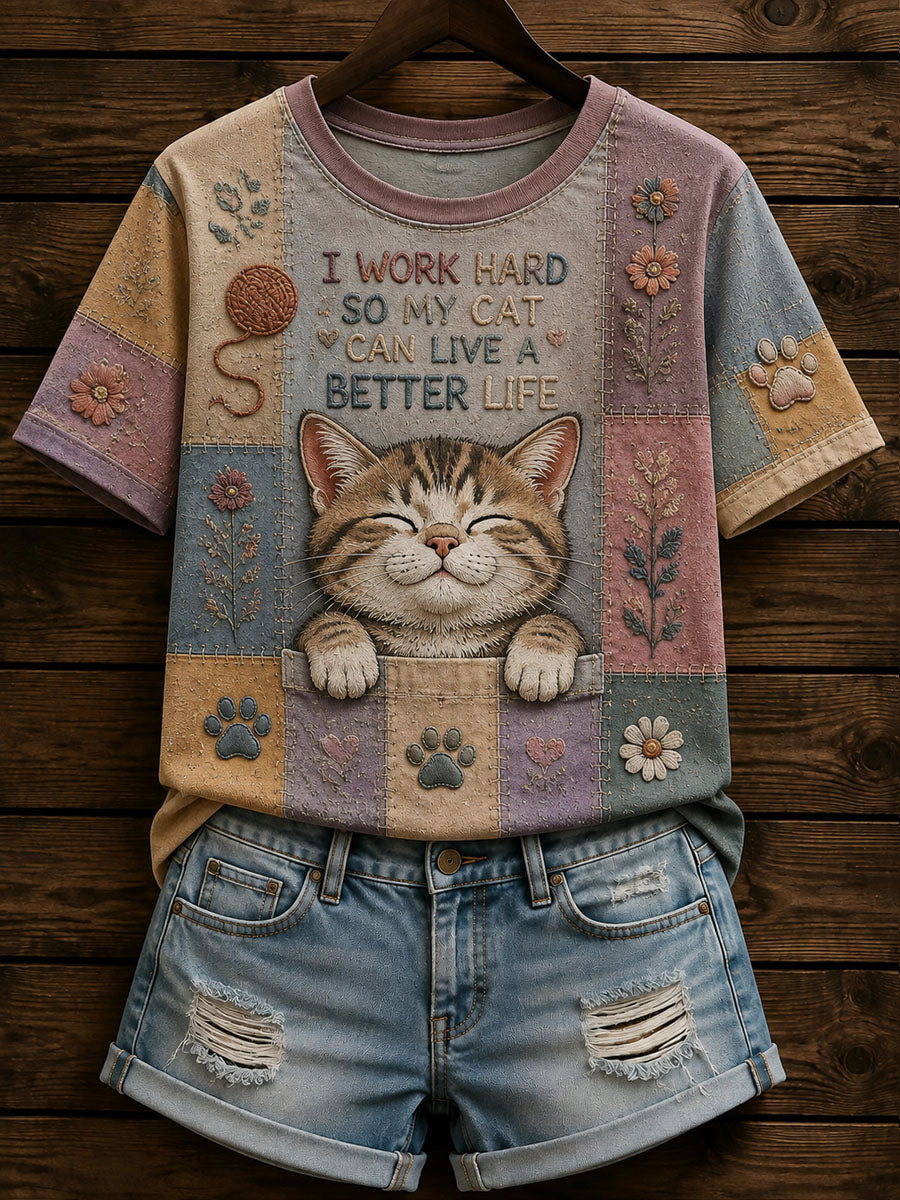 Women’s Patchwork Funny Cat Print T-shirt