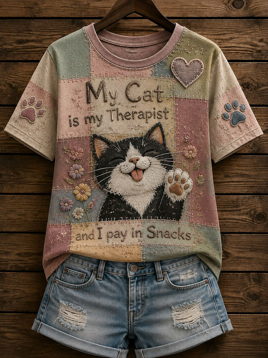 Women’s Patchwork Funny Cat Print T-shirt