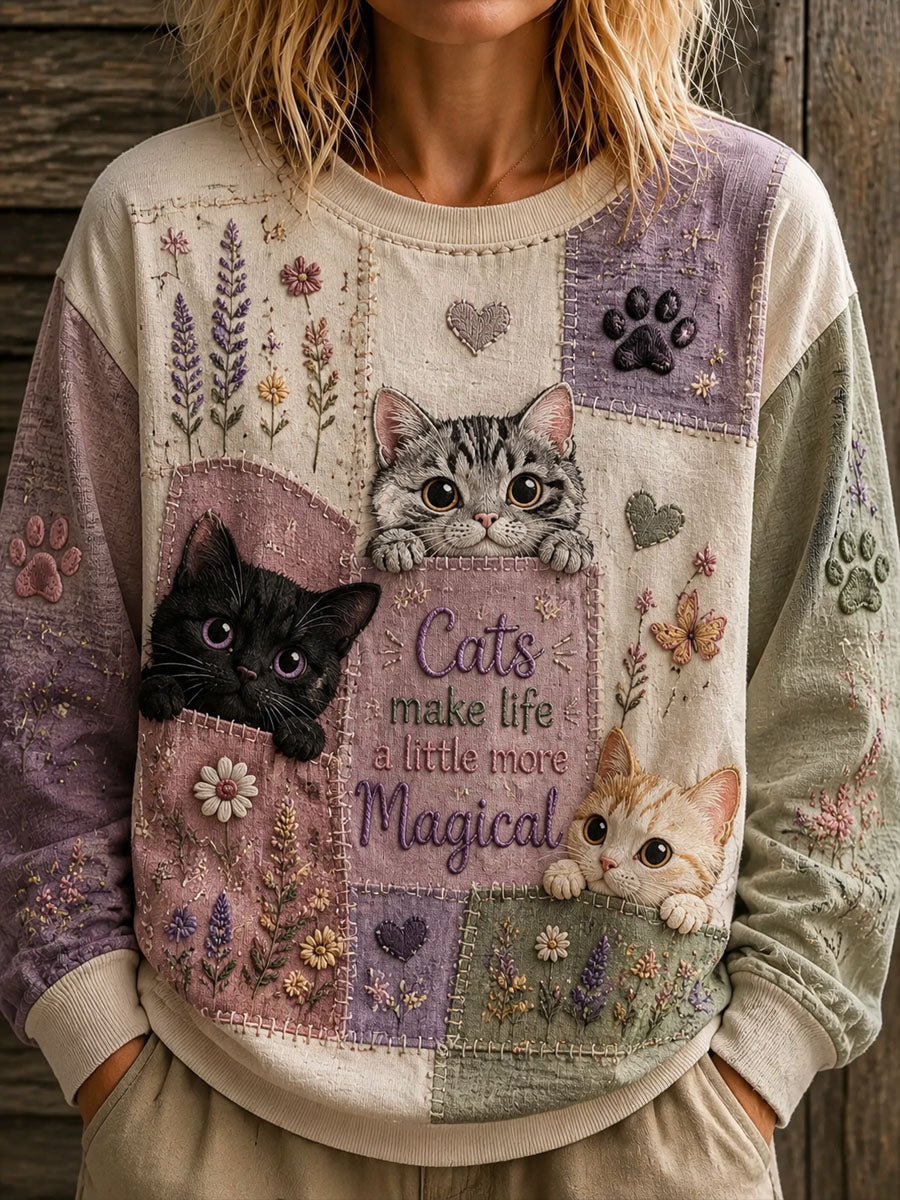 Women's Floral Patchwork Cat Print Hoodie