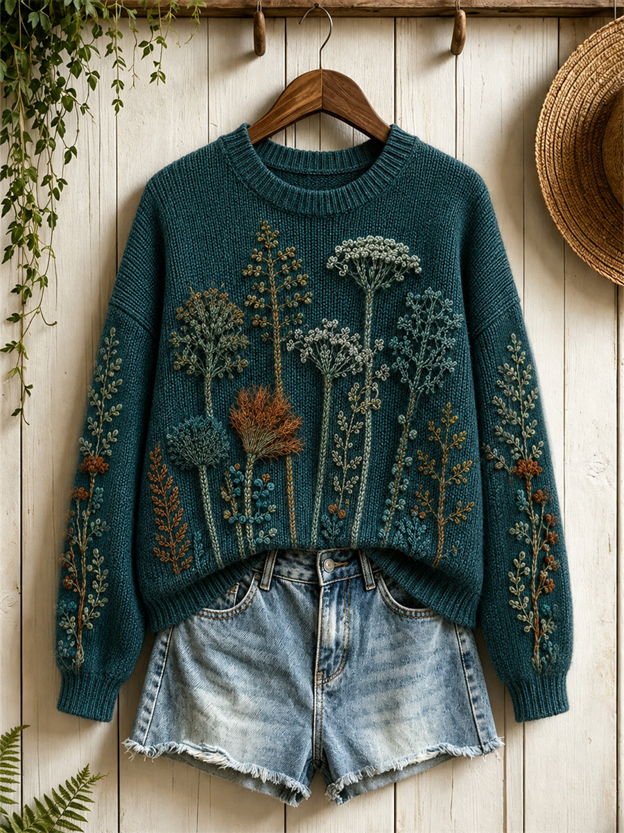 Women's Vintage Forest Fern Floral Print crew neck sweater